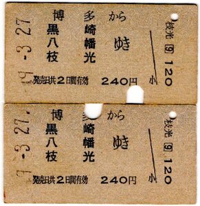 □国鉄□鹿児島本線□博多駅□昭和４９年□硬券□A型券□切符□乗車券□レア□希少□２枚