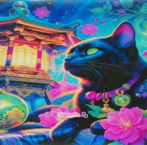 【A4】ネコ日本帝国 59 神社黒猫 手描き&CG 絵画イラストオリジナル原画 Cat Empire Shrine black cat Hand drawn painting original art