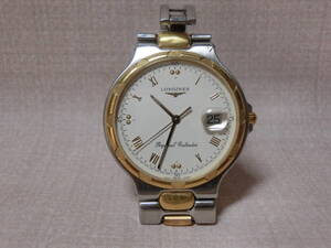 【№7127-O6011】中古：LONGINES コンクエスト パーペチュアルカレンダー クォーツ メンズ 腕時計 デイト ホワイト文字盤 純正ベルト