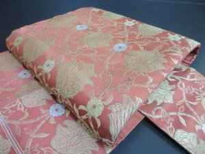 1円 良品 正絹 名古屋帯 和装 和服 アンティーク 花唐草 六通柄 九寸帯 長さ321cm【夢職】★★★