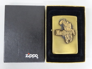 新品 未使用品 1991年製 ZIPPO ジッポ Marlboro マルボロ カウボーイ ロデオ 立体 メタル貼り ゴールド 金 オイル ライター USA