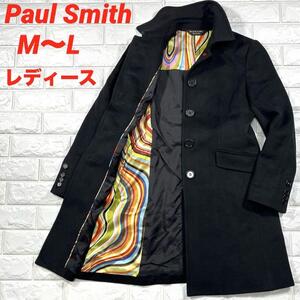 ★ポール スミス 美品 M～L！アンゴラ ウール カラフルカラー★Paul Smith ステンカラー コート レディース ロング丈 背リボン付 ブラック