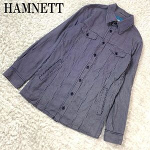 ハムネット コットン100%長袖ストライプボタンシャツ ブルー HAMNETT カジュアル ワークシャツ ポケット有 ゆったり感 M B895