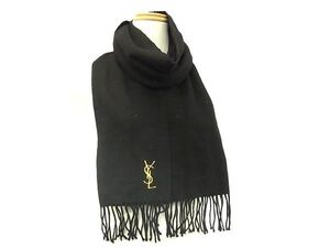 1円 ■美品■ YVESSAINTLAURENT イヴサンローラン ウール90％×カシミヤ10％ フリンジ マフラー ストール 防寒具 ブラック系 FB9611