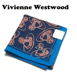 【Vivienne Westwood】(NO.5917）ヴィヴィアンウエストウッド ハンカチ 紺系　オーブ総柄　未使用　47cm