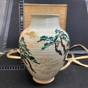 京焼き　初代三浦竹軒造(物故作家) 色絵松波図　壷 共布、共箱付き　アンテーク