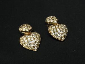 1円 ■美品■ ChristianDior ディオール ヴィンテージ ハート ラインストーン クリップ式 イヤリング アクセサリー ゴールド系 FF8796