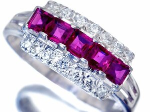 1円～【ジュエリー極】妖艶ピンキッシュレッドカラー！良質天然ルビー0.61ct＆ダイヤモンド0.19ct 高級Pt900リング w4692vv【送料無料】