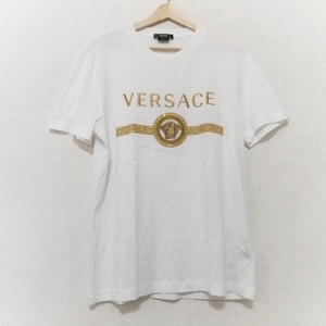 ヴェルサーチ VERSACE 半袖Tシャツ サイズM - 白×ゴールド メンズ 刺繍/ラインストーン トップス