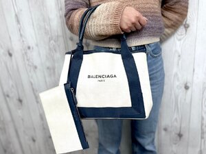 極美品 BALENCIAGA バレンシアガ ネイビーカバス Sトートバッグ ハンドバッグ バッグ キャンバス×レザー ナチュラル×紺 79779Y