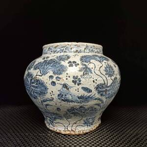 C~PP2934 中国磁器 陶芸 磁器『元青花鴛鴦戯れ水紋缶です』施釉陶 古代工芸品 陶芸 精美彫 置物 收藏品