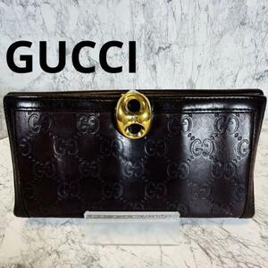 【超希少】Gucci GGパターン 二つ折り財布 ブラウン　ゴールド金具　長財布