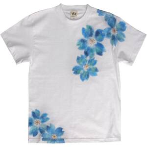 メンズ Tシャツ XLサイズ 白 舞桜柄 Tシャツ ハンドメイド 手描きTシャツ 和柄　手描きで描いた桜柄のTシャツ