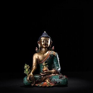 【蔵友館蔵品・銅製・寶石嵌・彩繪・描金・藥師仏】・希少珍品・置物・賞物・中国時代美術