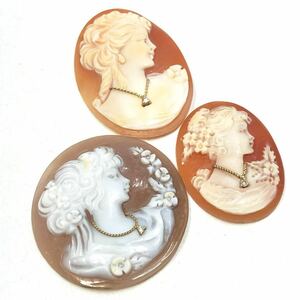 ダイヤ付!!［シェルカメオ3点おまとめ］j 重量約11.5g 約57.5ct 裸石 ジュエリー jewelry shell cameo CAMEO 貴婦人 ブローチ 彫刻 DA0