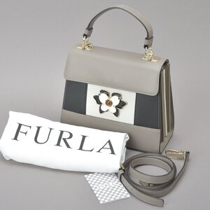 1円 未使用 FURLA フルラ ムゲット 2WAY ハンドバッグ ショルダーバッグ バタフライ レザー グレー ブラック フラワー 斜め掛け 鞄 Mk.e