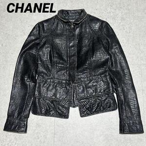 美品 CHANEL フェイクレザー クロコ型押し ココマーク ジャケット 38 03A archive vintage