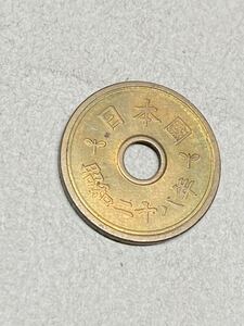 楷書体5円黄銅貨幣　昭和28年　古銭　ふで五　 五円玉 五円硬貨　01/12フデ五