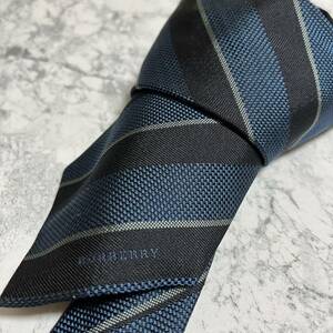 1円 美品 BURBERRY LONDON バーバリーロンドン 即日発送 ブランドネクタイ 超高級 総柄 シルク 絹 ハイブランド ストライプ柄 青 グレー