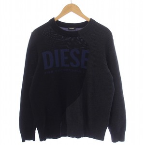 ディーゼル DIESEL ニット セーター 長袖 クルーネック ロゴ S 黒 ブラック グレー /BM メンズ