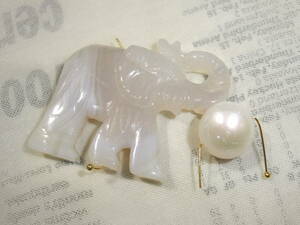 人気のカーヴィング象さん天然石瑪瑙アゲートと大粒白真珠セット☆112－10