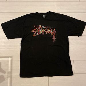 【人気】ステューシー STUSSY トップス プリント　半袖　XL ヴィンテージ　ブラック 黒