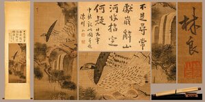 【善古堂】某有名オークション買入「林良書」中国明時代画家 絹本【松鷹図・立軸】肉筆保証 巻き物 中国畫 中国書道0810-XC10　　