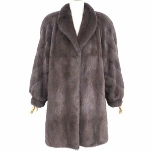 美品【 銀 SAGA MINK / 袖横段デザイン 】高級毛皮 サガ 染めミンク◆ロングコート 90cm丈◆グレー F寸◆V651S