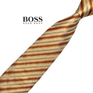 HUGO BOSS 高級ネクタイ ストライプ柄 レジメンタル柄 ベージュ系×オレンジ系 ヒューゴボス USED メンズ服飾小物 中古 t929