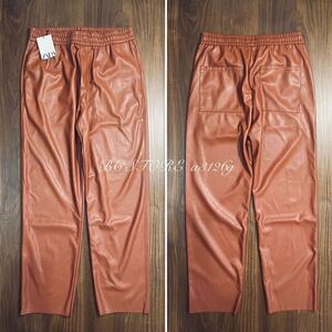 新品 ZARA フェイクレザーパンツ Mサイズ BROWN メンズ ザラ パンツ ボトムス ポケット4箇所 ウエストゴム 調整紐付き