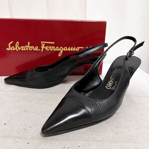 和521★⑩ Salvatore Ferragamo サルヴァトーレフェラガモ レザー ミュール パンプス ヒール 5.5 C ブラック レディース