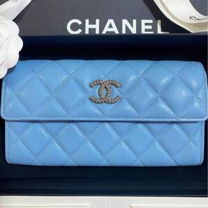 シャネル CHANEL ラインストーン ロゴ ブルー 青 財布　長財布 ウォレット 直営店購入 キャビアスキン キャビア マトラッセ レシート付き