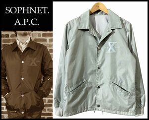 送料無 SOPHNET. ソフネット × A.P.C. アーペーセー 10th 10周年 記念 限定 コラボ 袖リブ ナイロン コーチ ジャケット ブルゾン グレー S