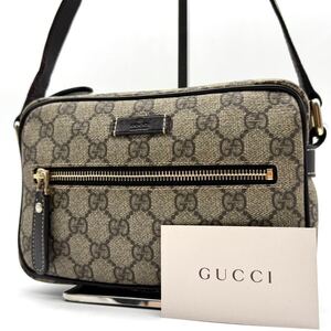 3297【高級品】GUCCI グッチ ショルダーバッグ ミニ カメラバッグ 斜め掛け GGスプリーム ロゴプレート 型押し 金具 PVC レザー 本革