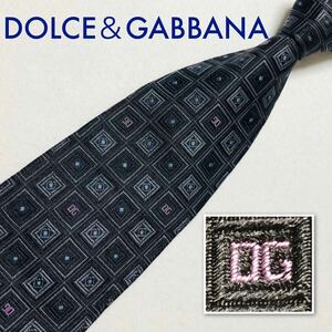■美品■Dolce&Gabbana ドルチェ＆ガッバーナ　ネクタイ　DGロゴ　格子　ジュエリー　総柄　シルク100% イタリア製　ブラック　ビジネス