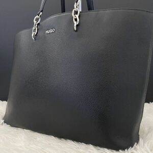 【極美品/A4◎】ヒューゴボス HUGO BOSS トートバッグ サフィアーノレザー 本革 ショルダー 肩掛け 黒 ブラック メンズ ビジネス 大容量