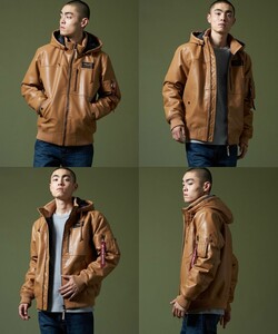 ALPHA INDUSTRIES フェイクレザー フーデッドリブジャケット（キャメル）Lサイズ