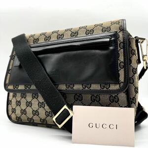 2441【美品】GUCCI グッチ ショルダーバッグ ポシェット メッセンジャー 2way フラップ式 GG ロゴ型押し 金具 キャンバス レザー 本革 