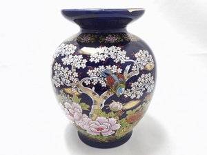 B22-277　明陶　花瓶　花鳥図　色絵　花器　花入れ　壺　壷　インテリア　置物　高さ21cm　中古