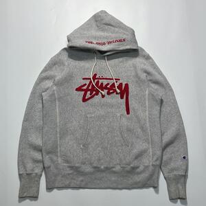 STUSSY ステューシー チャンピオン リバースウィーブパーカー M グレー ダブルネーム ショーンフォント HTK5502