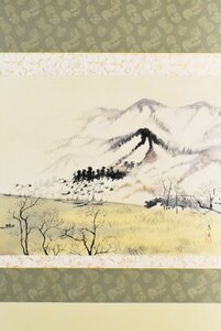 K4364 真作 宇野嶺城「冬景山村図」絹本 紙箱 肉筆 雪 日本画 中国 書画 骨董 掛軸 掛け軸 古美術 岐阜の人