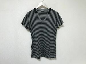 美品本物ディオールオムDiorhommeコットン Vネックボーダー柄半袖TシャツアメカジビジネススーツメンズXSイタリア製黒グレー