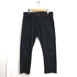 JZ0185★Polo RALPH LAUREN : SULLIVAN SLIM リペア加工ブラックデニムパンツ★31★黒 裾カットオフ ポロ