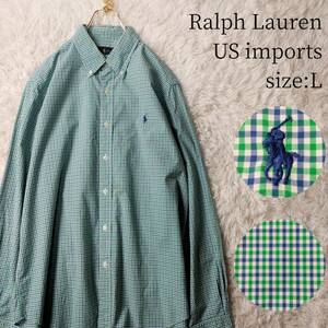 【US輸入古着】Ralph Lauren ラルフローレン 長袖ボタンダウンシャツ Lサイズ トーンオントーン・チェック ドレスシャツ 緑 青