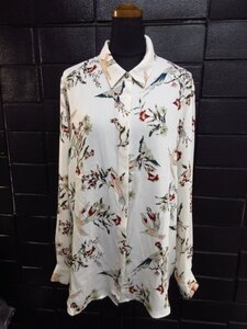 r5091　美品　H＆M　長袖ワイシャツ　レディース　ベージュ系　バード　鳥柄　花柄　長袖　大きいサイズ　US12　CN　175/100A　