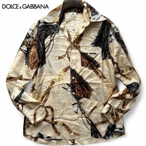 極美品/L-XL相当◆幻の高級シルク100%◆ドルチェ&ガッバーナ DOLCE&GABBANA ドルガバ 馬 レトロなホースデザイン 絹 総柄 長袖 柄シャツ