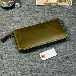 イタリアンレザー メンズ財布 長財布 牛革 ヌメ革 1円 新品 ラウンドファスナー ハンドメイド ロングウォレット YKK 革財布 グリーン