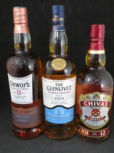 1円～　未開栓　Dewars（デュワーズ）　12年　THE GLENLIVET グレンリベット 　シーバスリーガル　ウイスキー　700ｍｌ　3本セット