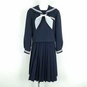 1円 セーラー服 スカート スカーフ 上下3点セット 170A 冬物 白3本線 女子 学生服 中学 高校 紺 制服 中古 ランクC NA7942