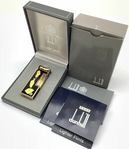 ③ ジャンク 火花のみ確認済 dunhill ダンヒル ガスライター 金箔 ゴールドカラー×ブラック ローラー式 ケース付 フリント 喫煙具 